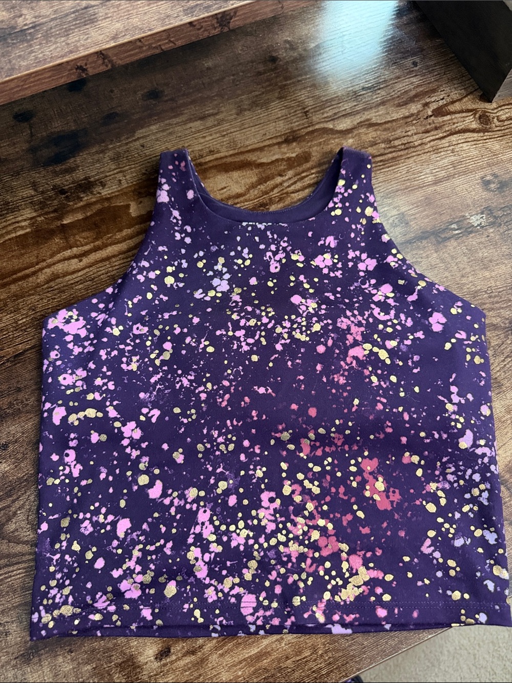 tek gear Purple Paint-Splatter Crop Tank with Pink & Gold Accents